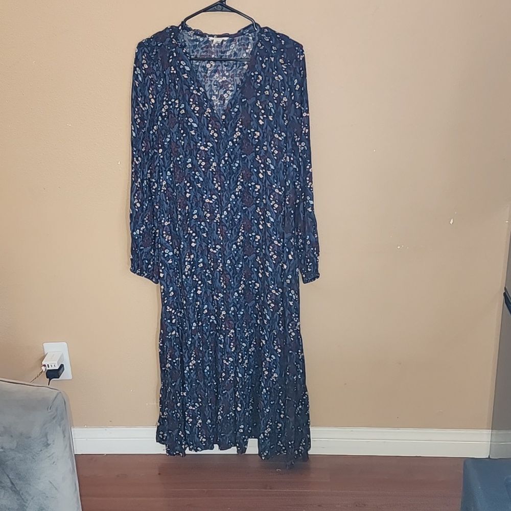 Caslon Blue Floral Print Long Sleeve Maxi Nightgown Sun Dress Pajama Small